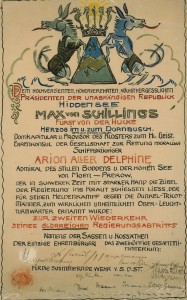 Urkunde Regierungsabtritt Max von Schillings mit den Unterschriften von u.a. Gerhart Hauptmann und Thomas Mann, Hiddensee 1924 © Gerhart-Hauptmann-Stiftung, Hiddensee