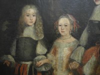 Gruppenportrait von Willem III. Prinz von Oranien mit Vettern und Basen, Detail der Vorderseite: umfangreiche Schädigungen der originalen Malschicht, die von Übermalungen bedeckt werden