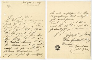 Brief von Alice Guszalewicz an den Theaterjournalisten und Herausgeber Heinrich Stümcke vom 10. Januar 1907, in dem sie ihm davon berichtet, dass Richard Strauss sie als „seine beste Salome Vertreterin bezeichnet hat“.