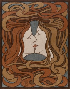 Peter Behrens, Der Kuss, aus: Zeitschrift PAN, IV Jg. Heft 2, 1898, Farbholzschnitt; © Kunstmuseen Krefeld